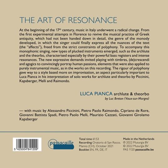 Art Of Resonance. Archlute & Theorbo Music Of The Italian Seicento - CD Audio di Luca Pianca - 2