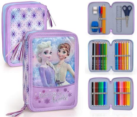 FROZEN - ASTUCCIO SCUOLA 3 ZIP FROZEN - ANNA ED ELSA - COMPLETO DI 44 PEZZI - PRODOTTO UFFICIALE DISNEY (LILLA)