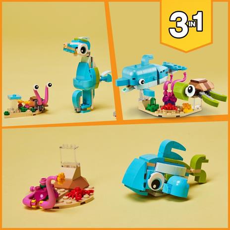 LEGO Creator 31128 3in1 Delfino e Tartaruga, Set con Animali, Cavalluccio e  Lumaca di Mare, Giochi per Bambini di 6+ Anni