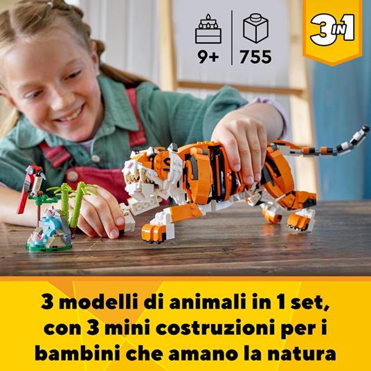 LEGO Creator 31129 3 in 1 Tigre Maestosa, si Trasforma in Panda o Pesce,  Giocattolo Creativo con Animali, Regalo 9+ Anni - LEGO - Creator - Animali  - Giocattoli