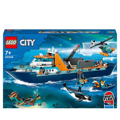 LEGO City 60368 Esploratore Artico, Grande Nave Giocattolo Galleggiante con Elicottero, Gommone, Sottomarino e Relitto Barca