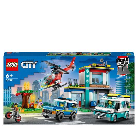 LEGO City 60371 Quartier Generale Veicoli d’Emergenza con Elicottero Ambulanza Macchina Polizia Moto Giocattolo e Minifigure