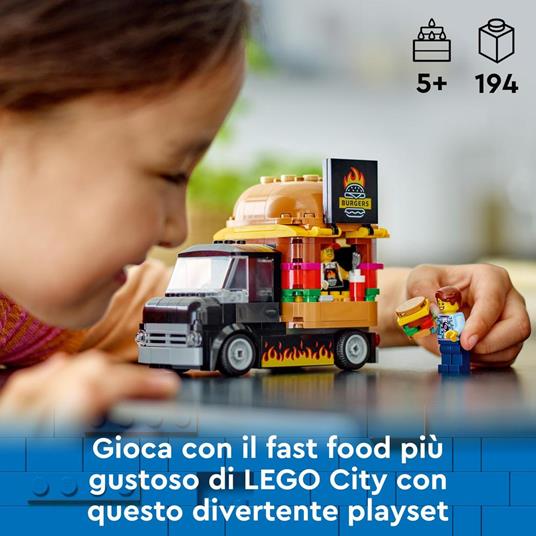 LEGO City 60404 Furgone degli Hamburger Giocattolo Veicolo per Bambini 5+  Anni Camion Food Truck con Accessori e 2 Minifigure