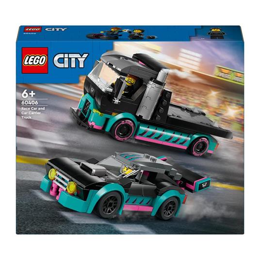 LEGO City 60406 Auto da Corsa e Trasportatore, Macchina e Camion Giocattolo per Bambini di 6+, Veicolo con Rampa Funzionante