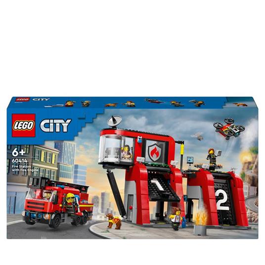 LEGO City 60414 Caserma dei Pompieri e Autopompa con Camion Giocattolo, 6  Minifigure, Cane e Accessori, Gioco per Bambini 6+