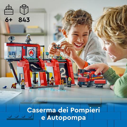 LEGO City 60414 Caserma dei Pompieri e Autopompa con Camion Giocattolo, 6  Minifigure, Cane e Accessori, Gioco per Bambini 6+
