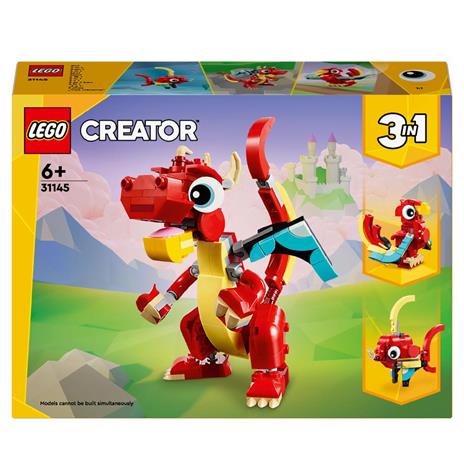 LEGO Creator 31145 3in1 Drago Rosso, Giochi per Bambini di 6+ Anni, Action Figure Ricostruibile in Pesce e Fenice Giocattolo