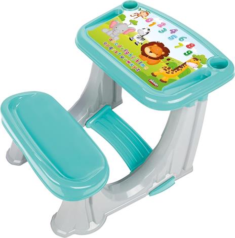 Banco Scuola Bambini 2 Anni Con Sedia Azzurro Scrivania Gioco Studio per Bambini con Scomparti Portapenne e Sgabello Struttura Plastica Dura Multicolore Giocattolo Educativo Dimensione 62x78x50cm