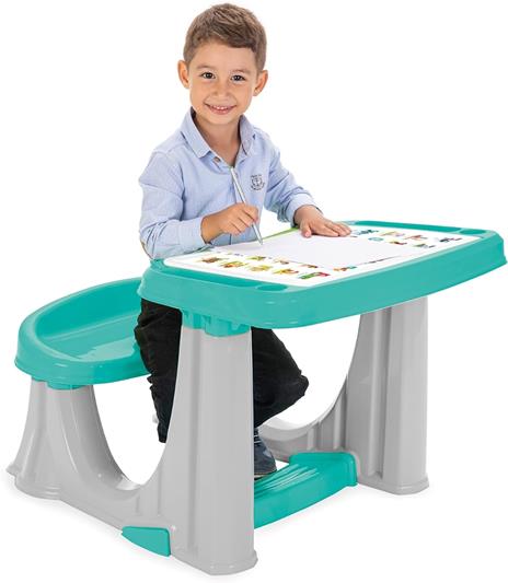 Banco Scuola Bambini 2 Anni Con Sedia Azzurro Scrivania Gioco Studio per Bambini con Scomparti Portapenne e Sgabello Struttura Plastica Dura Multicolore Giocattolo Educativo Dimensione 62x78x50cm - 2