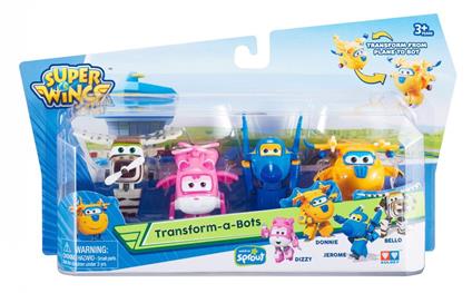 Super Wings- Series 1 Donnie Confezione Transform-A-Bots da 4 – Aerei 5 cm – Robot trasformabili del Cartone Animato 1ª Stagione – Giocattolo per Bambini dai 3 Anni in su, Multicolore, YW710620