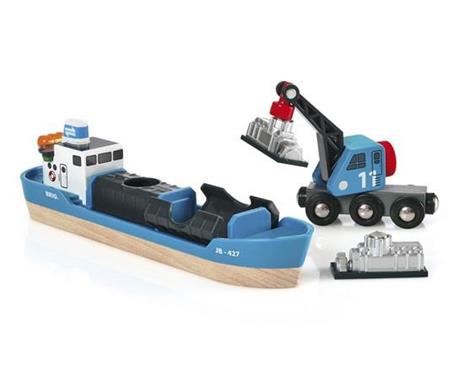 BRIO WORLD - Nave Container e Gru, Veicoli Giocattolo in Legno, 4 pezzi, Età 3+ Anni