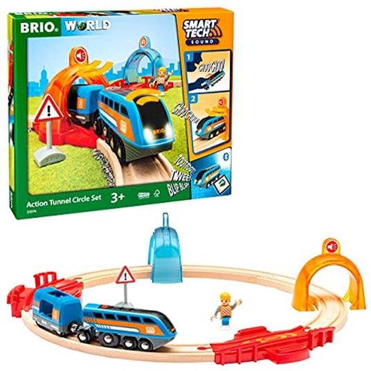 BRIO WORLD - Set Ferrovia con Tunnel Azione Smart Tech Sound, Pista Trenino Circolare con Accessori, 14 pezzi, Età 3+ Anni