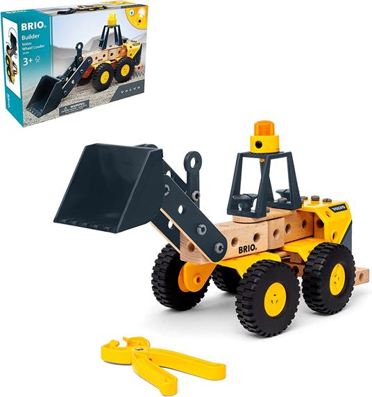 BRIO BUILDER - Pala caricatrice Volvo con Luce, Trattore con Caricatore Frontale, Kit costruzioni per Trattore, 58 Pezzi