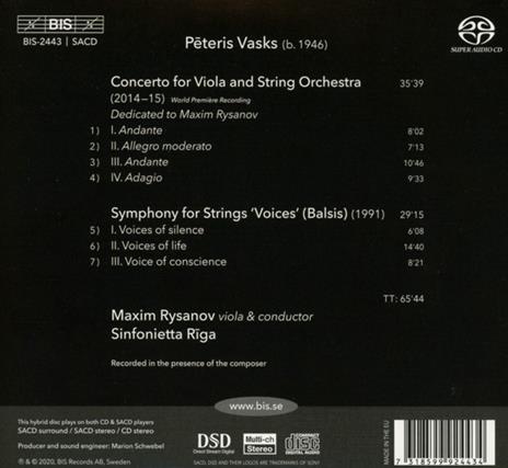 Concerto per Viola - Sinfonia per archi - SuperAudio CD di Peteris Vasks,Maxim Rysanov,Sinfonietta Riga - 2