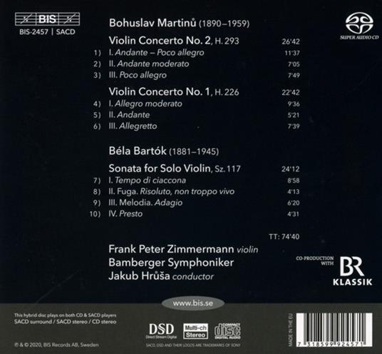 Violin Concertos 1 & 2 / Solo Sonata - SuperAudio CD di Bohuslav Martinu,Bela Bartok,Frank Peter Zimmermann - 2