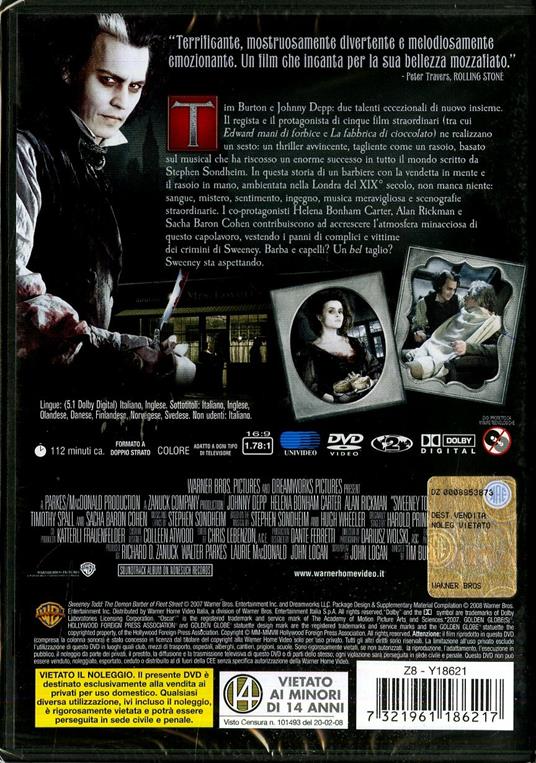 Sweeney Todd. Il diabolico barbiere di Fleet Street (1 DVD) - DVD - Film di  Tim Burton Musicale | IBS