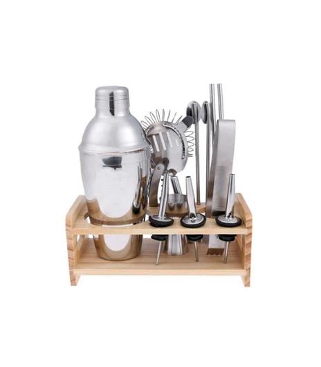 Kit Per Cocktail Barman Bartender Shaker Mixer Acciaio 750ml Supporto In Legno - 2