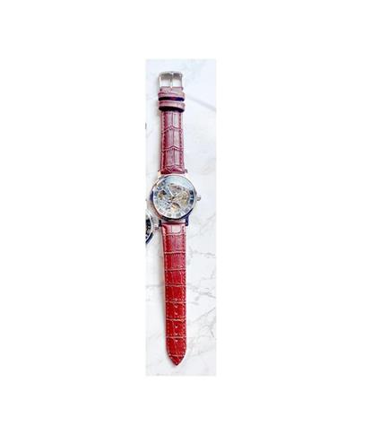 Orologio Polso Zcc T001 Uomo Automatico Cinturino Pelle Rosso Quadrante Silver