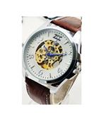 Orologio Polso Zcc Uomo Automatico Cinturino Pelle Casual Marrone Silver Bianco