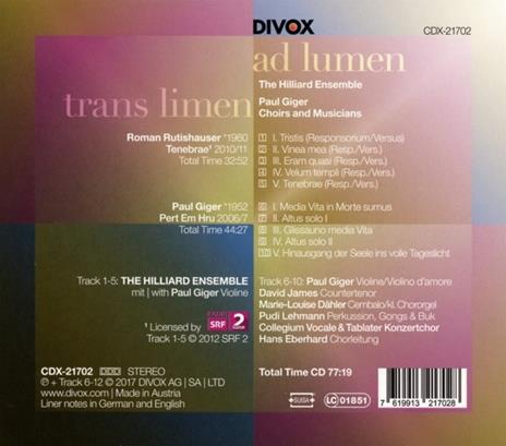 Trans Limen ad Lumen - CD Audio di Hilliard Ensemble,Roman Rutishauser - 2