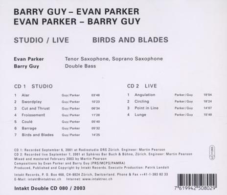 Studio-Live. (Birds and Blades) - CD Audio di Evan Parker,Barry Guy - 2