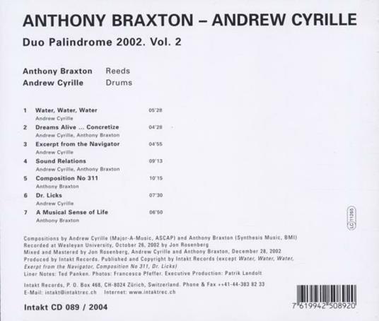 Palindrome 2002 vol. 2 - CD Audio di Anthony Braxton,Andrew Cyrille - 2