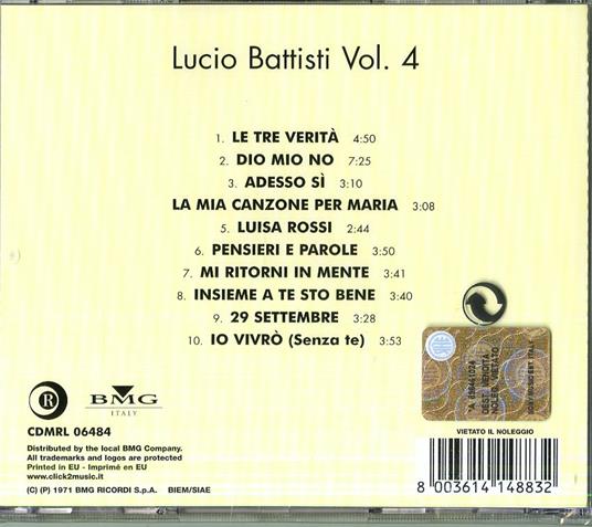 Vinyl Lucio Battisti Vol. 4 album lp 2018 Italy Soft Rock Remastered