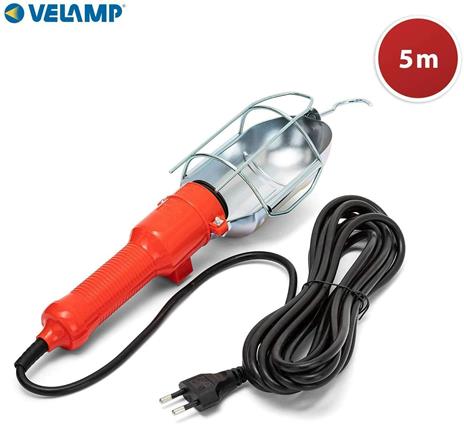 VELAMP Lampada Portatile da Lavoro per Uso in Garage, Cantina, Officina, Cantiere con Interruttore e Cavo 5 Metri. Attacco Lampadina E27, Compatibile LED. 60 W, Arancione, 32.5x9x9 cm - 2