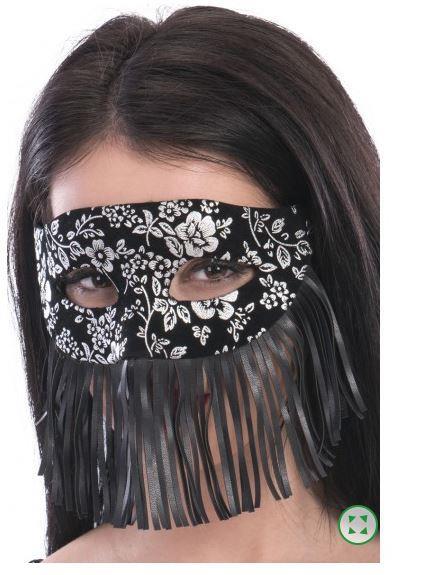 Maschera In Plastica Con Vellutino Nero Damascato Argento E Frange - 2