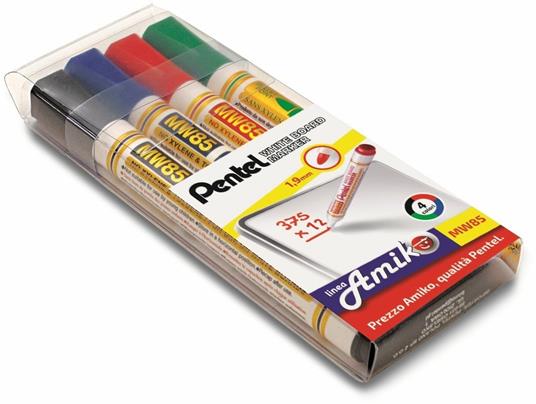 Pennarello marcatore per lavagne Pentel MW85 punta conica. Confezione 4 colori assortiti