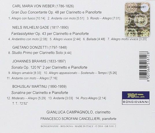 Musica per clarinetto - CD Audio di Johannes Brahms,Gaetano Donizetti,Carl Maria Von Weber,Gianluca Campagnolo - 2