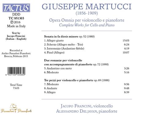 Musica completa per violoncello e pianoforte - CD Audio di Giuseppe Martucci,Alessandro Deljavan,Jacopo Francini - 2