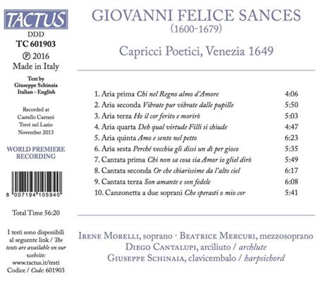 Capricci poetici - CD Audio di Giovanni Felice Sances,Irene Morelli,Beatrice Mercuri - 2