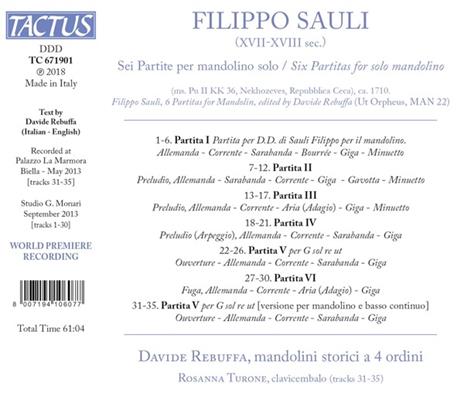 Sei partite per mandolino solo - CD Audio di Filippo Sauli,Davide Rebuffa - 2