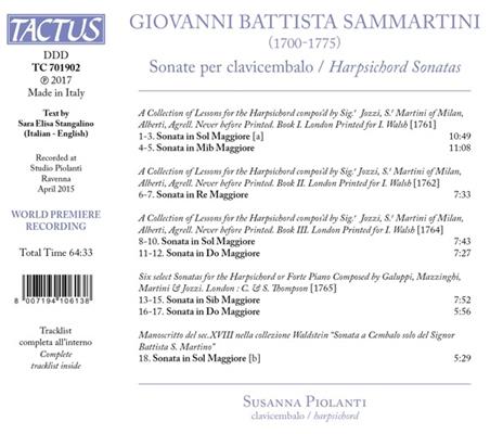 Sonate per clavicembalo - CD Audio di Giovanni Battista Sammartini,Susanna Piolanti - 2
