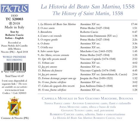 La historia del Beato San Martino, 1558 - CD Audio di Cappella Musicale di San Giacomo Maggiore in Bologna - 2