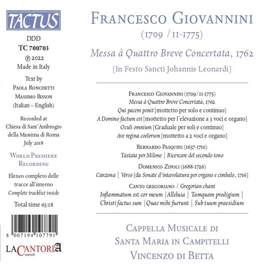 Messa à Quattro Breve Concertata 1762 - CD Audio di Francesco Giovannini - 2