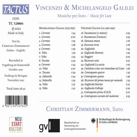 Musiche Per Liuto - CD Audio di Michelangelo Galilei,Vincenzo Galilei,Christian Zimmermann - 2