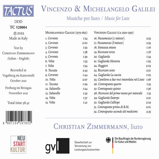 Musiche Per Liuto - CD Audio di Michelangelo Galilei,Vincenzo Galilei,Christian Zimmermann - 2