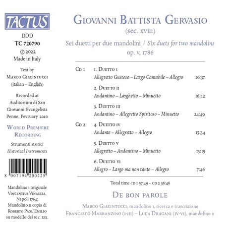 Sei Duetti Per Due Mandolini - CD Audio di Giovanni Battista Gervasio - 2