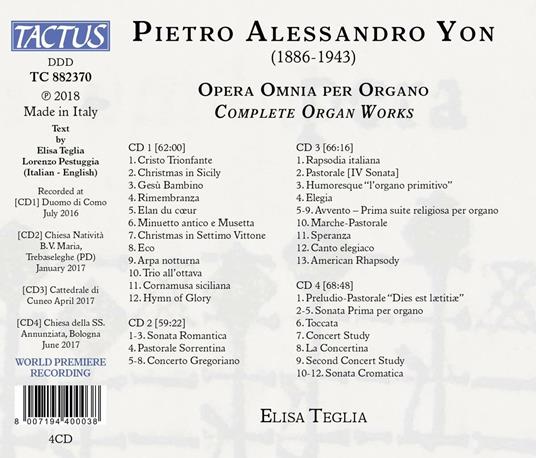 Opera omnia per organo - CD Audio di Pietro Alessandro Yon,Elisa Teglia - 2