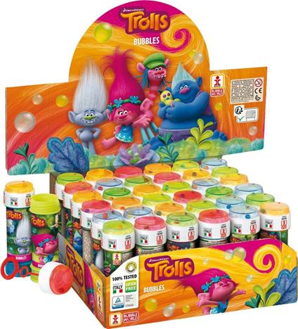 Bolle di Sapone Trolls. Flacone 60 Ml Display 36 Pz