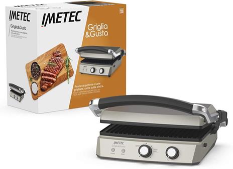 Imetec Griglia&Gusta Bistecchiera, Piastre Antiaderenti Removibili, Rivestimento Triplo Strato al Titanio Stone-Look, Grill con 7 Posizioni, 3 Funzioni di Cottura, Thermo Control, 2000 Watt