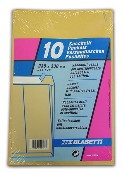 Busta Sacco 23x33 Cm Gr. 100 Pz. 10 Con Strip Carta Kraft Avana Soffietti Fondo Preformato