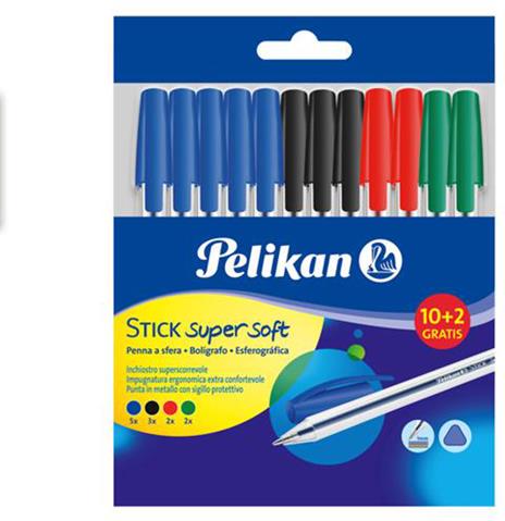 Penna a sfera Pelikan Stick Supersoft con inchiostro superscorrevole.  Confezione 12 pezzi (10+2 omaggio) - Pelikan - Cartoleria e scuola