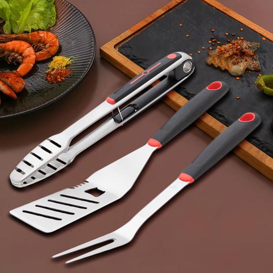 Set 3 Utensili Barbecue Forchettone Pinza Spatola Acciaio Inox Manico Soft Touch - 2