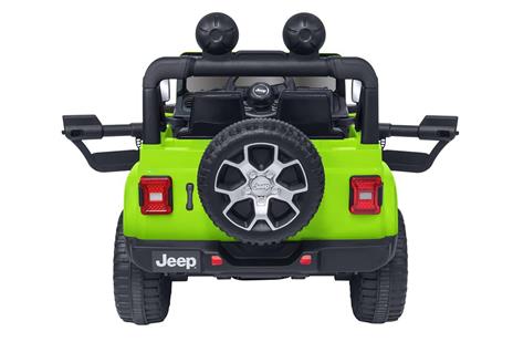 E-Spidko Auto elettrica Jeep Rubicon 12V, colore lime, mis. 126 x 70 x 80 cm, accensione con effetti sonori, chiave per l'accensione, clacson funzionante, cinture di sicurezza, retromarcia, fari LED anteriori e posteriori, cofano apribile, portata massima - 3