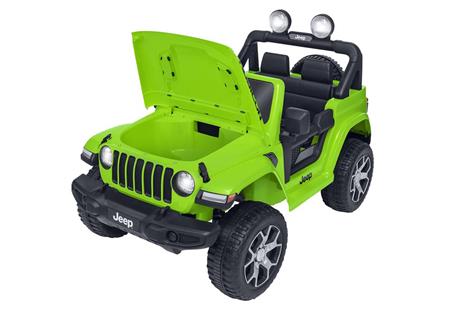 E-Spidko Auto elettrica Jeep Rubicon 12V, colore lime, mis. 126 x 70 x 80 cm, accensione con effetti sonori, chiave per l'accensione, clacson funzionante, cinture di sicurezza, retromarcia, fari LED anteriori e posteriori, cofano apribile, portata massima - 5