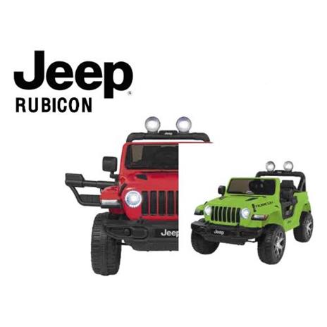 E-Spidko Auto elettrica Jeep Rubicon 12V, colore lime, mis. 126 x 70 x 80 cm, accensione con effetti sonori, chiave per l'accensione, clacson funzionante, cinture di sicurezza, retromarcia, fari LED anteriori e posteriori, cofano apribile, portata massima