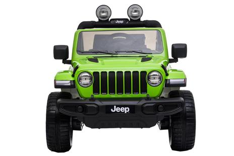 E-Spidko Auto elettrica Jeep Rubicon 12V, colore lime, mis. 126 x 70 x 80 cm, accensione con effetti sonori, chiave per l'accensione, clacson funzionante, cinture di sicurezza, retromarcia, fari LED anteriori e posteriori, cofano apribile, portata massima - 7